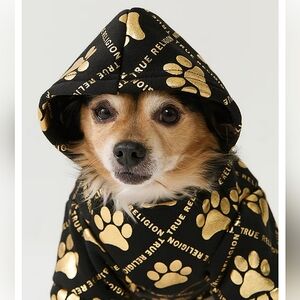 NWT True Religion "Metallic Paw Logo Pet Hoodie" Black Gold Dog Outfit Size XL